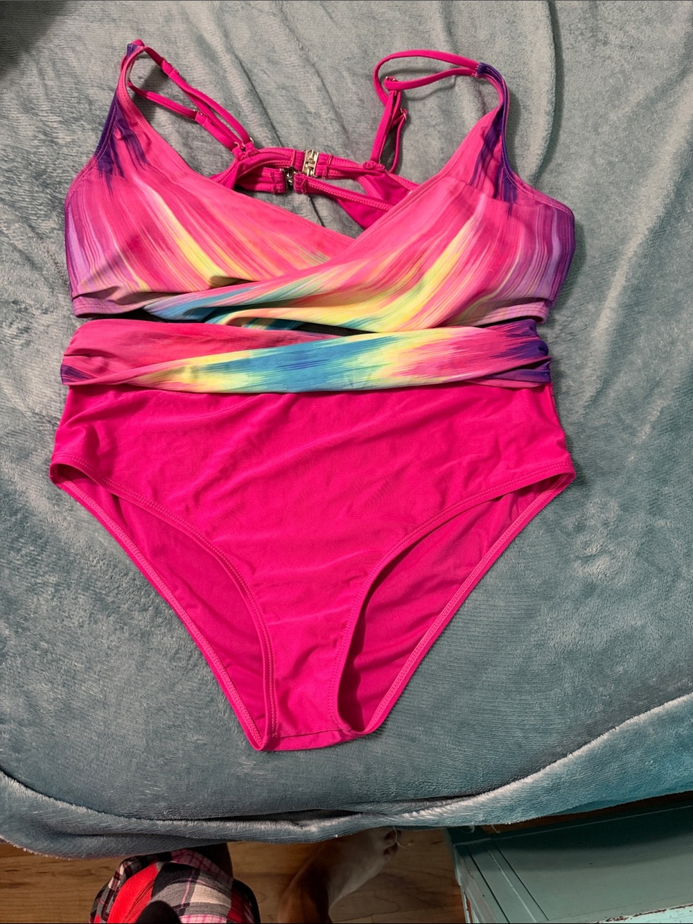 Hot Pink Women's two Piece Swimsuit with Rainbow Accent
